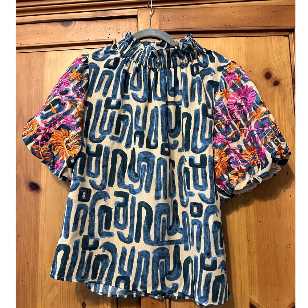 THML Blue & Pink Embroidered Puff Sleeve Blouse